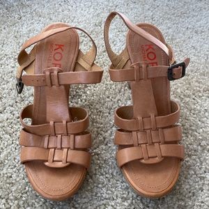 KORS Michael Kors Tan Leather Strappy Wedge Sandals